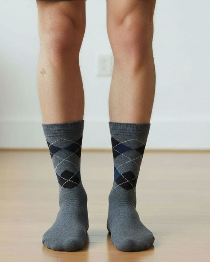 Grey Woolen Winter Socks with Argyle Pattern | Crew Length