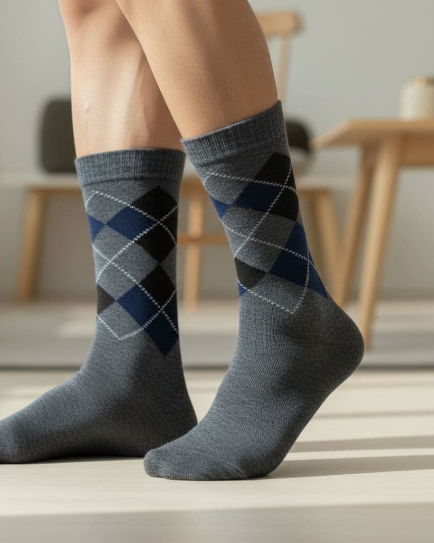 Grey Woolen Winter Socks with Argyle Pattern | Crew Length hover