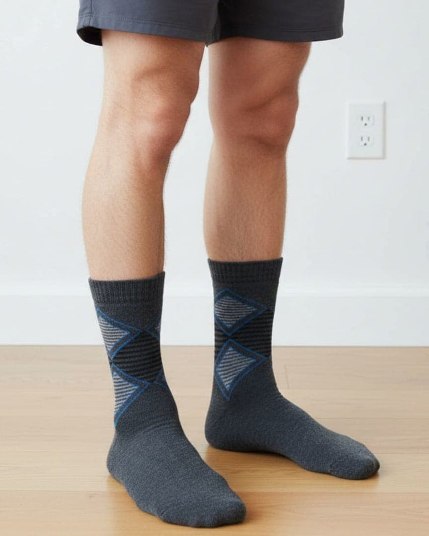 Dark Grey Woolen Winter Socks with Blue Geometric Pattern hover