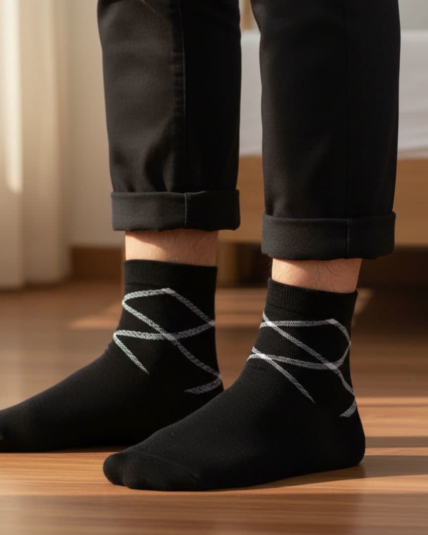 Black Cotton Ankle-Length Socks with Minimal Criss-Cross Design | Casual Wear hover