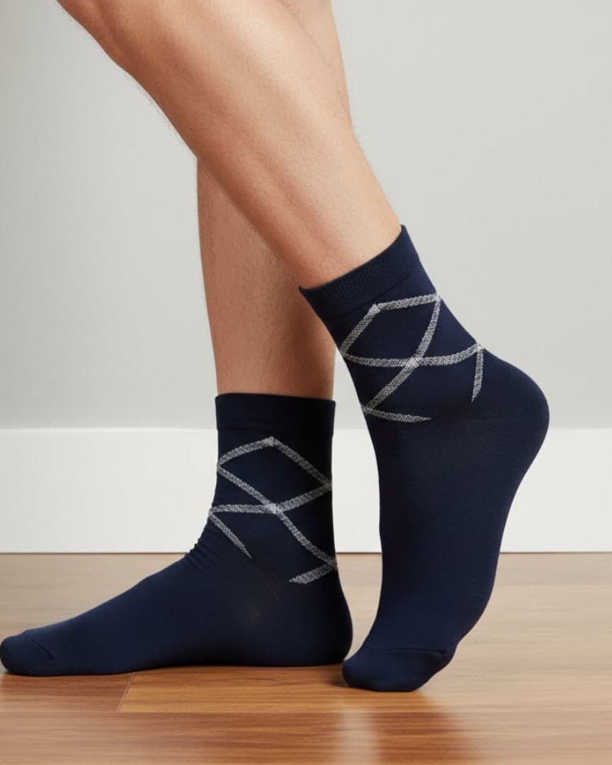 Navy Blue Cotton Ankle-Length Socks with Minimal Cross-Line Pattern | Casual Wear hover