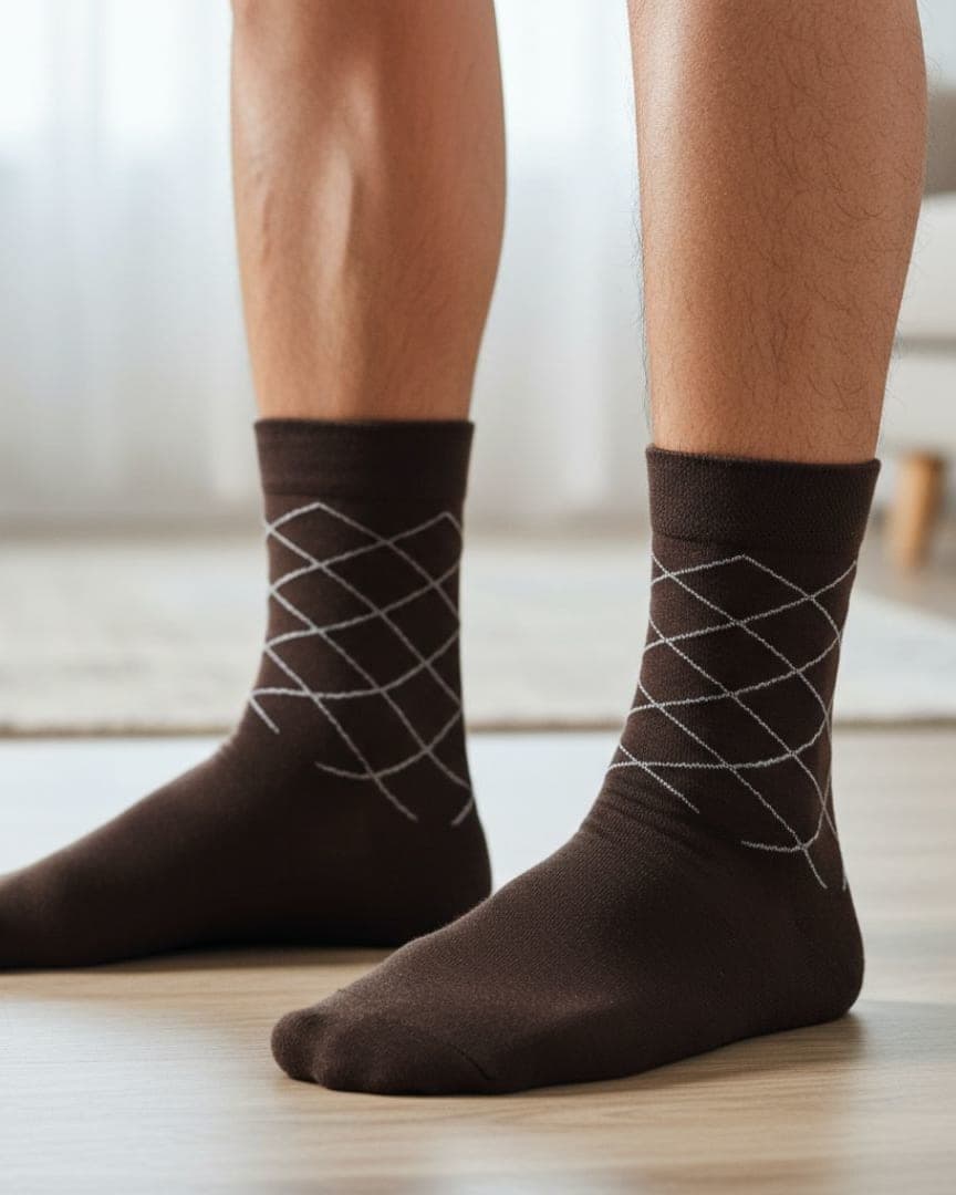 Brown Cotton Ankle-Length Socks with Minimal Line Pattern hover