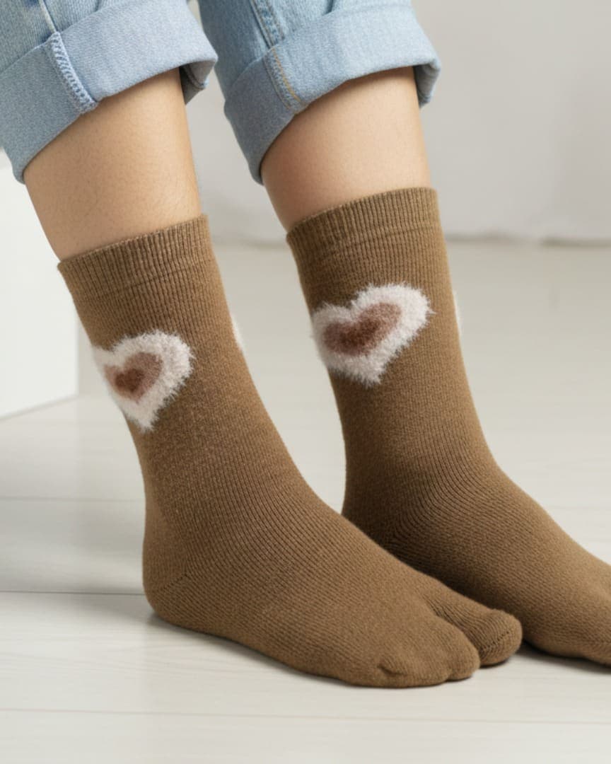 Brown Woolen Thumb Socks with Furry Heart Patch | Crew-Length Warm Socks