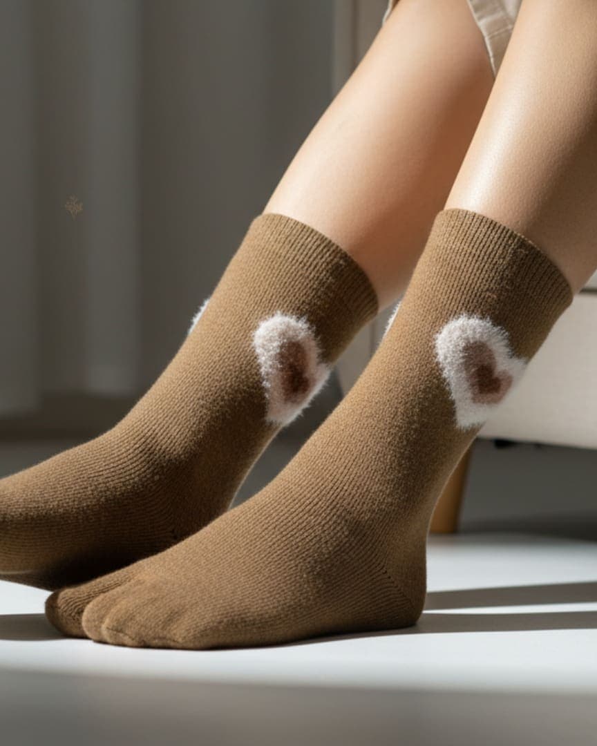 Brown Woolen Thumb Socks with Furry Heart Patch | Crew-Length Warm Socks hover