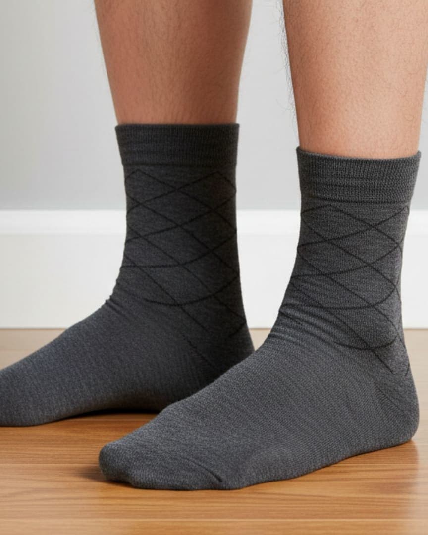 Dark Grey Cotton Ankle-Length Socks with Subtle Cross Pattern