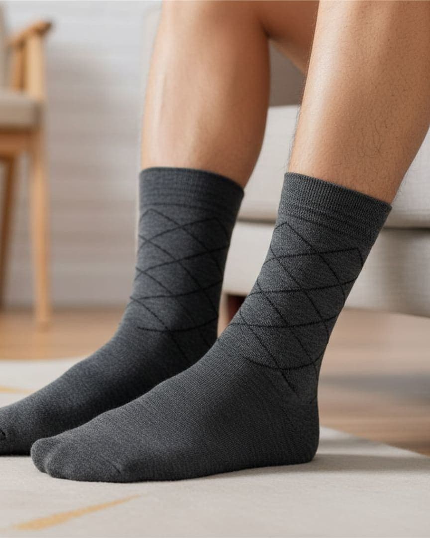 Dark Grey Cotton Ankle-Length Socks with Subtle Cross Pattern hover