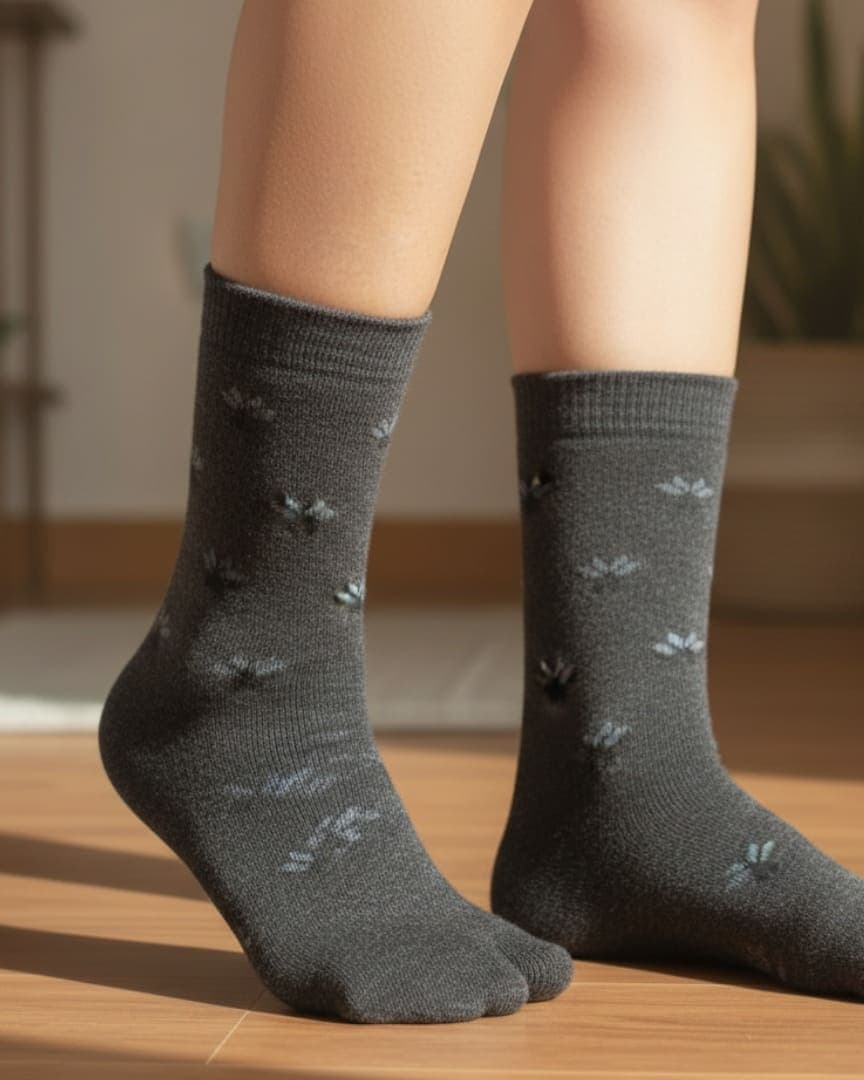 Charcoal Grey Woolen Five-Toe Socks | Crew-Length Soft Knit Socks