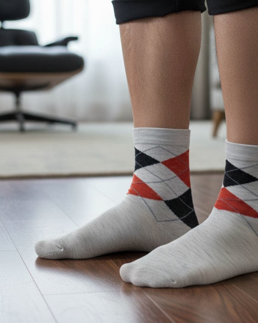Light Grey Cotton Ankle-Length Socks with Argyle Design | Casual Wear