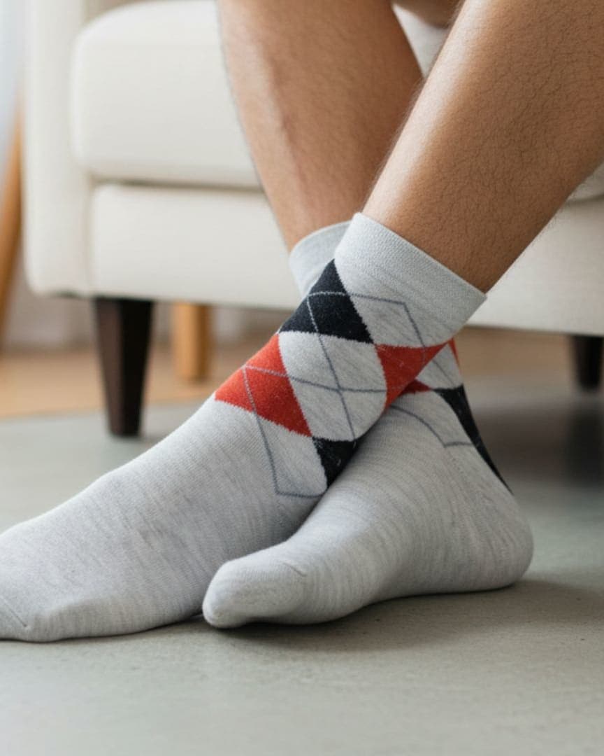 Light Grey Cotton Ankle-Length Socks with Argyle Design | Casual Wear hover