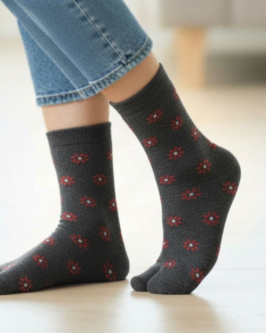 Dark Grey Woolen Thumb Toe Socks with Red Floral Motif | Crew Length