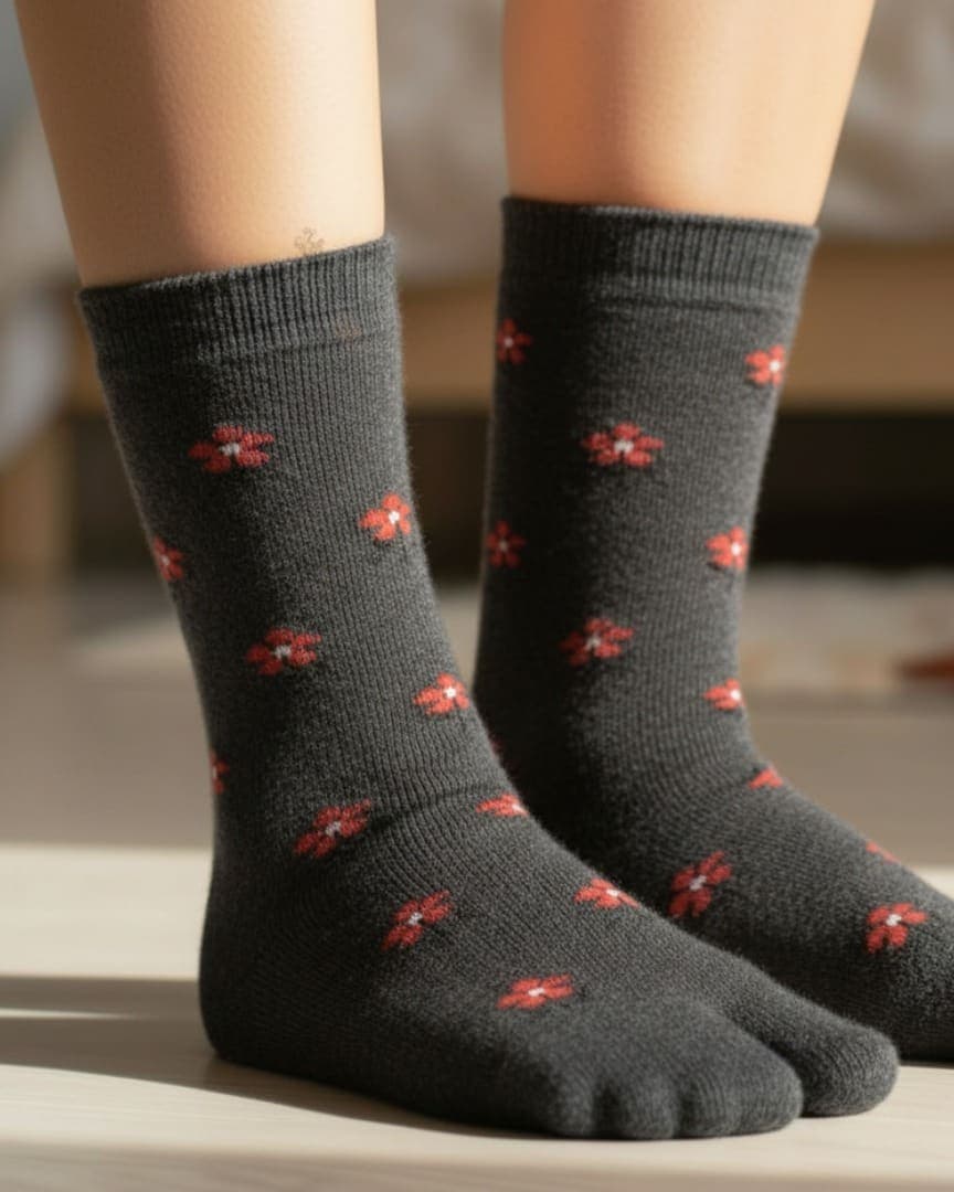Dark Grey Woolen Thumb Toe Socks with Red Floral Motif | Crew Length hover