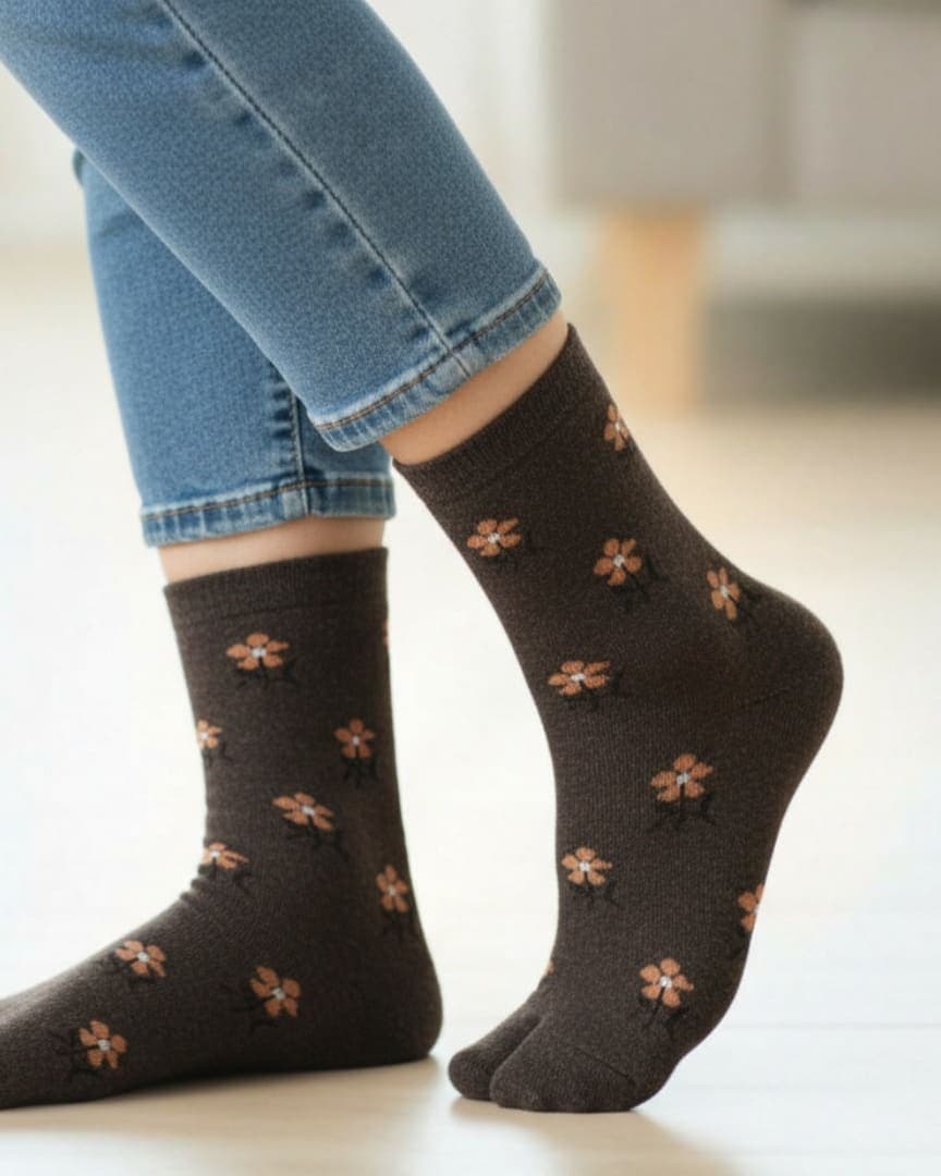 Brown Woolen Thumb Toe Socks | Crew-Length Soft Knit Socks hover