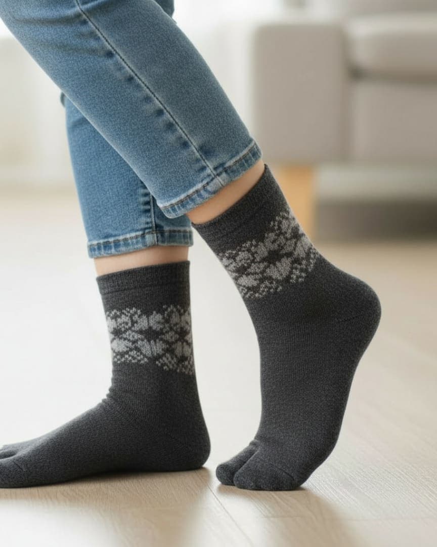 Charcoal Grey Woolen Thumb-Toe Socks with Nordic Pattern | Crew Length Soft Knit Socks