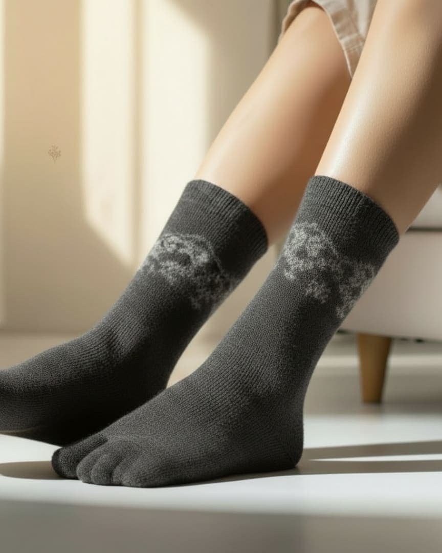 Charcoal Grey Woolen Thumb-Toe Socks with Nordic Pattern | Crew Length Soft Knit Socks hover
