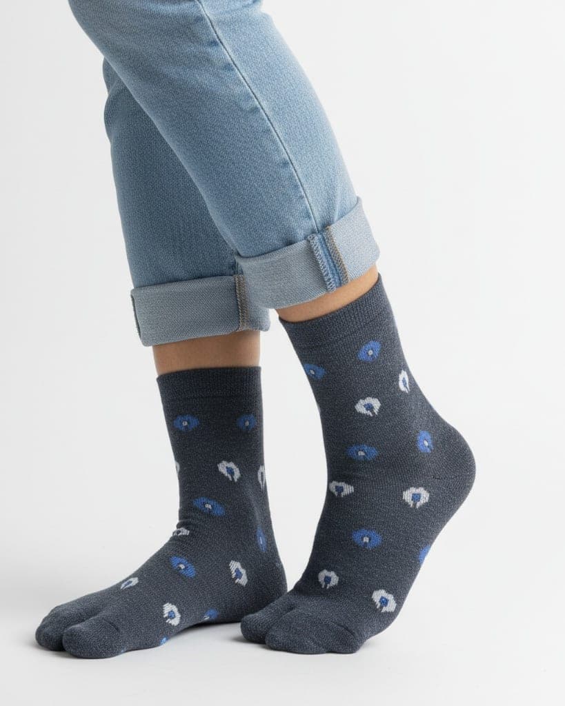 Charcoal Grey Woolen Thumb-Toe Socks with Blue & White Dot Motif | Crew Length
