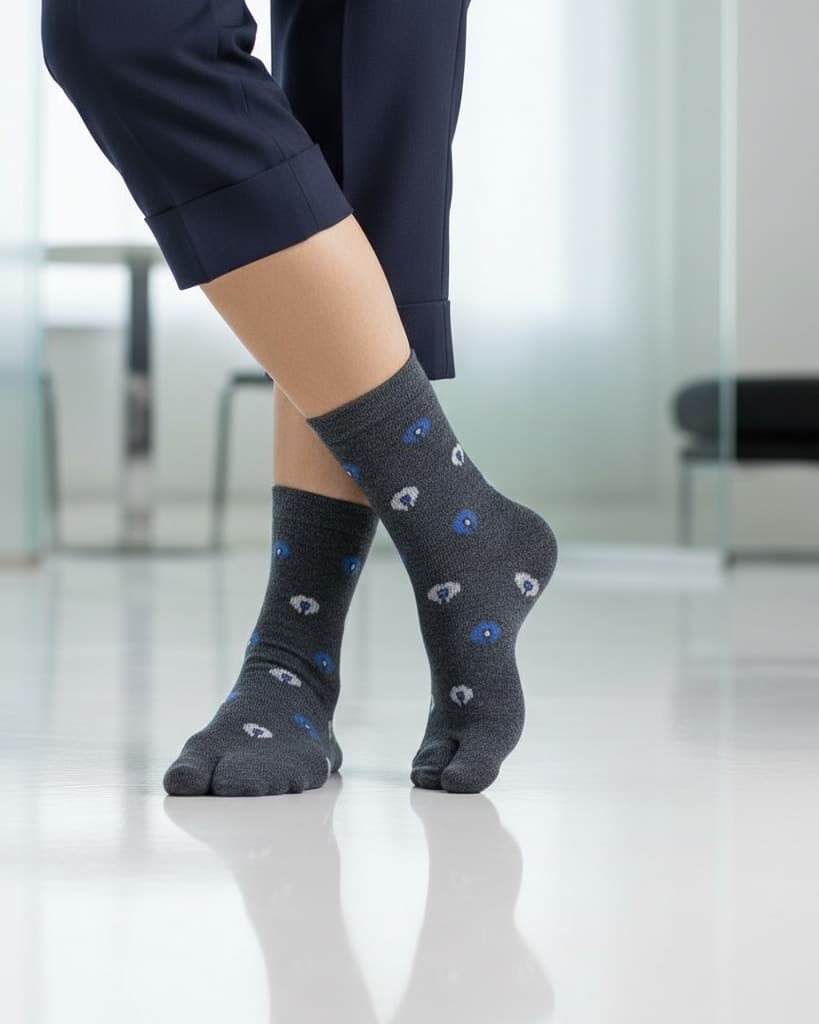 Charcoal Grey Woolen Thumb-Toe Socks with Blue & White Dot Motif | Crew Length hover