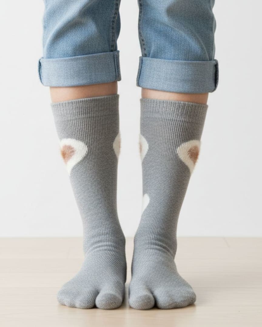 Light Grey Woolen Thumb-Toe Socks with Heart Motif | Crew Length