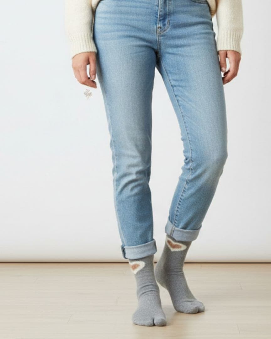 Light Grey Woolen Thumb-Toe Socks with Heart Motif | Crew Length hover