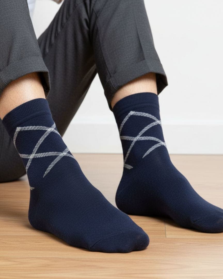 Navy Blue Cotton Ankle-Length Socks with Minimal Cross-Line Pattern | Casual Wear