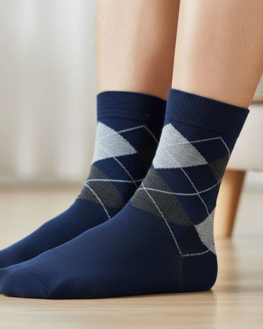 Navy Blue Cotton Ankle-Length Socks with Argyle Pattern