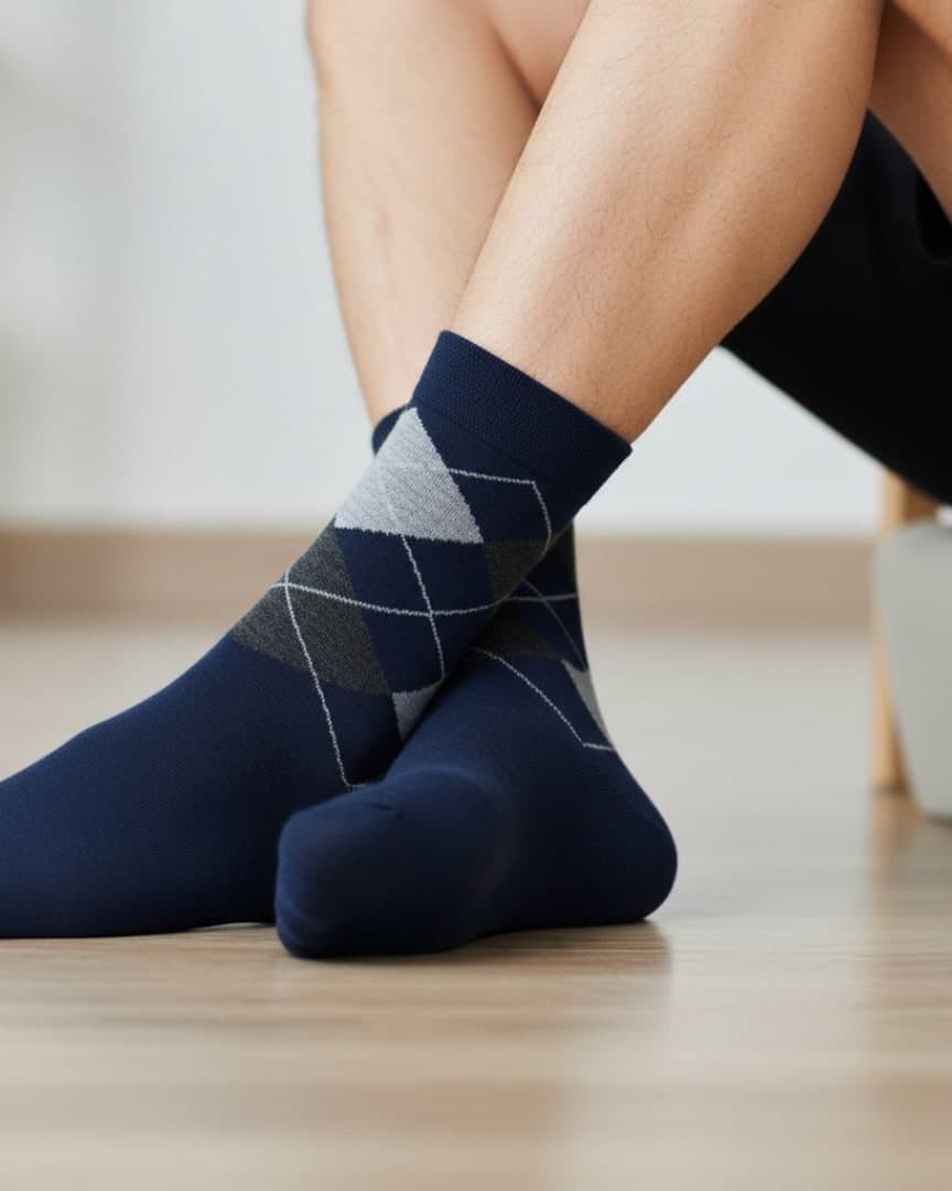 Navy Blue Cotton Ankle-Length Socks with Argyle Pattern hover
