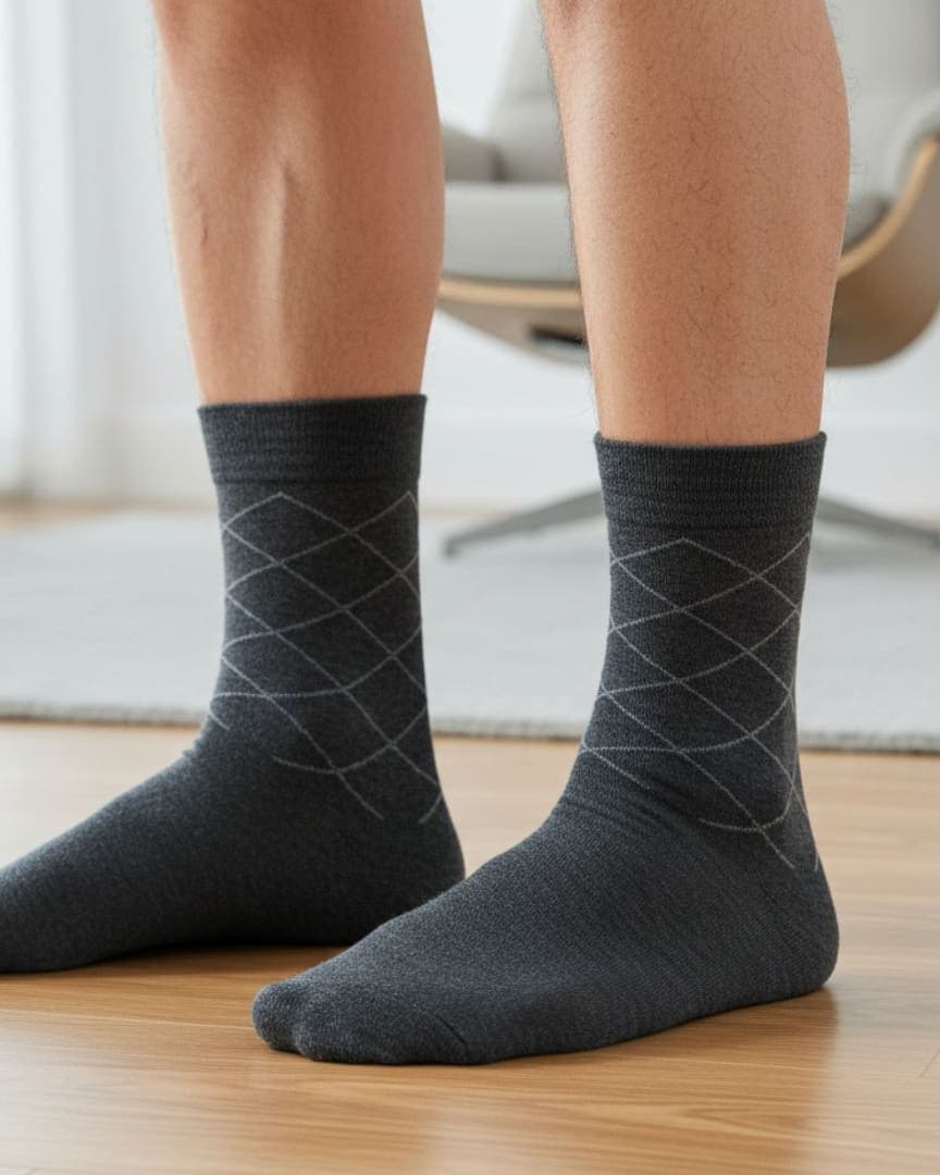 Dark Grey Cotton Ankle-Length Socks with Subtle Line Design