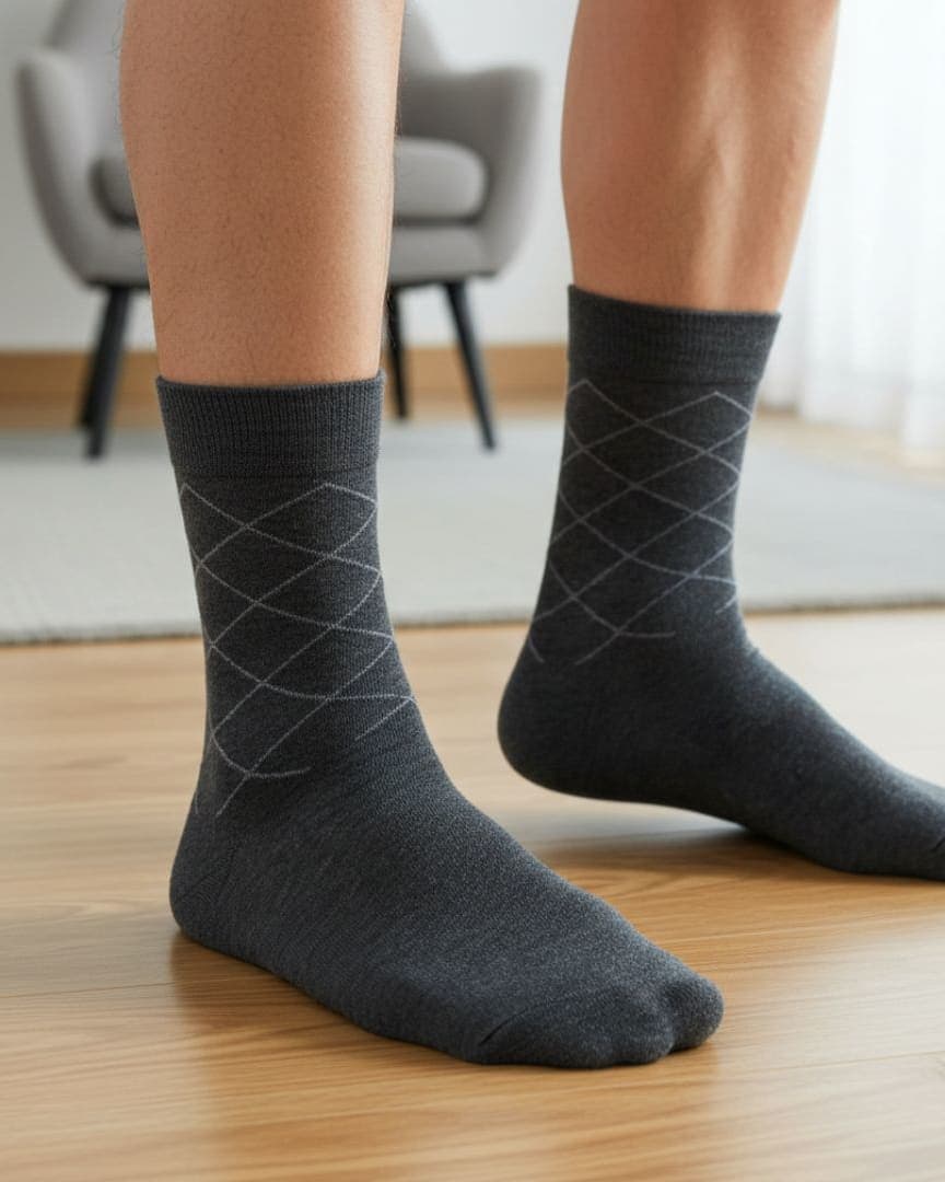 Dark Grey Cotton Ankle-Length Socks with Subtle Line Design hover