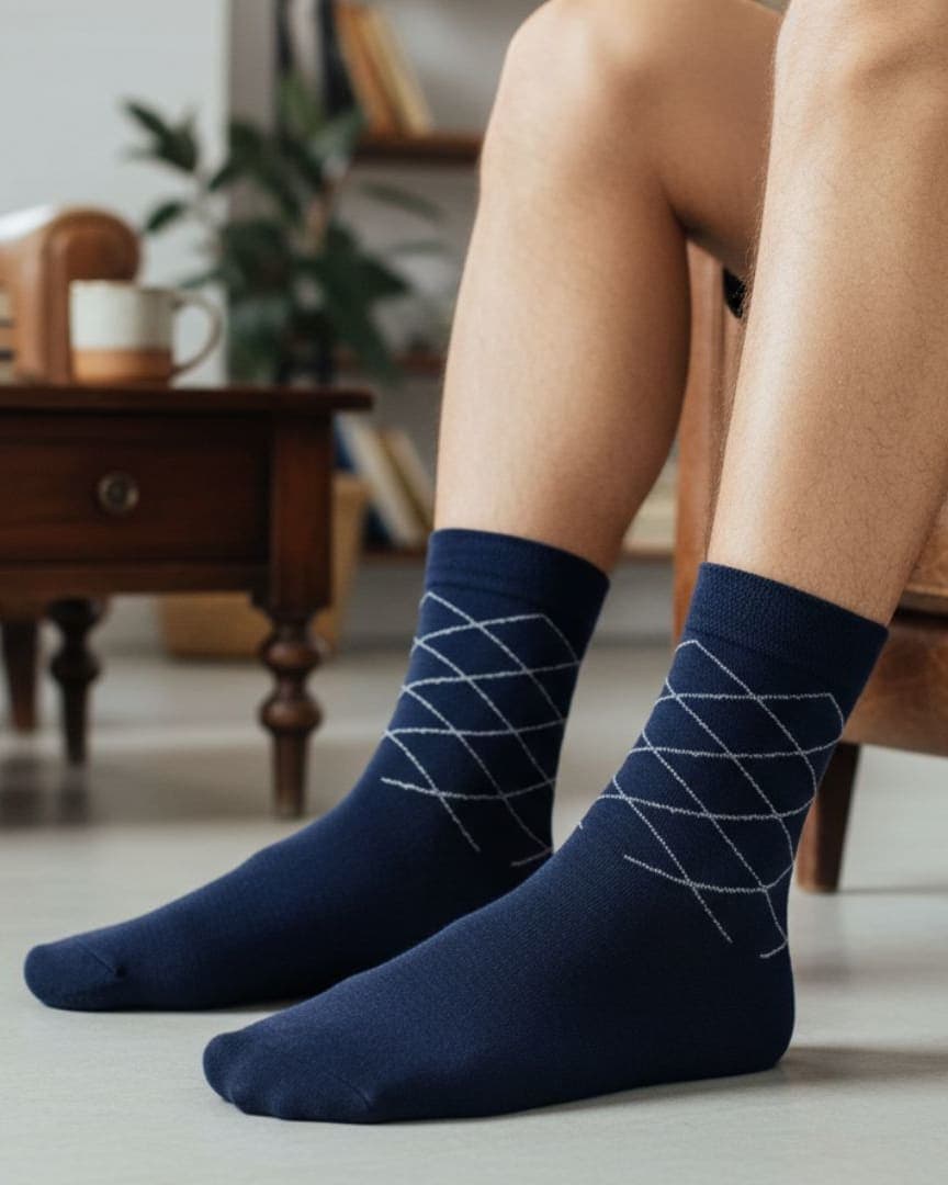 Navy Blue Cotton Ankle-Length Socks with Minimal Line Pattern