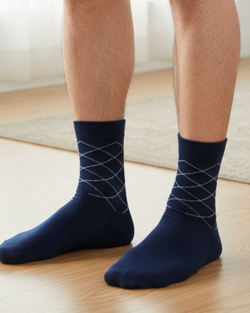 Navy Blue Cotton Ankle-Length Socks with Minimal Line Pattern hover