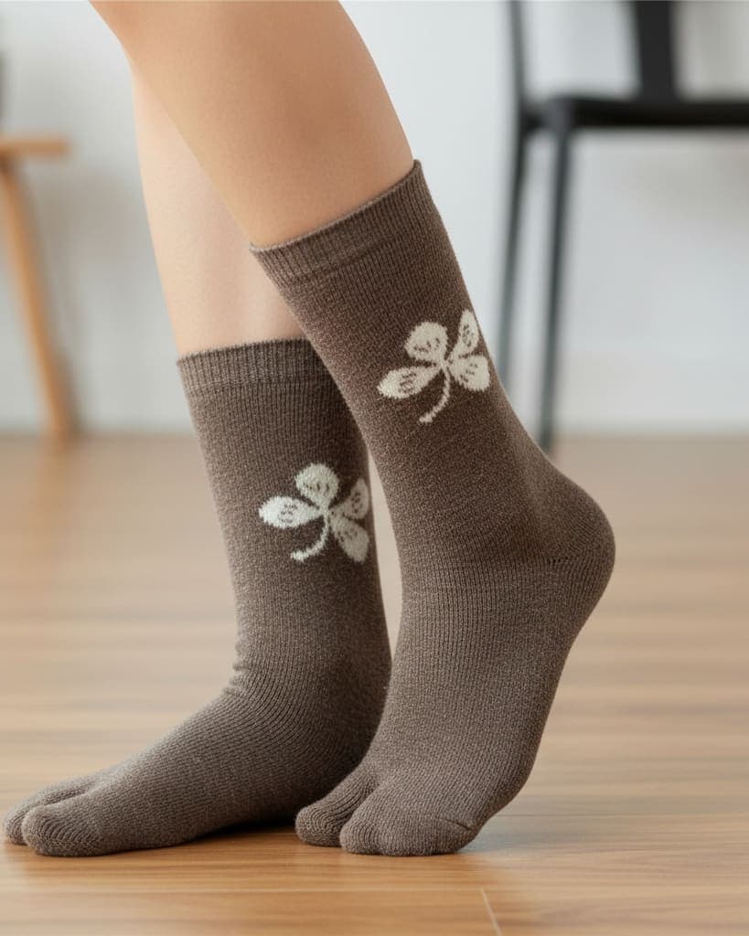 Coffee Brown Woolen Thumb-Toe Socks with Floral Motif | Crew Length