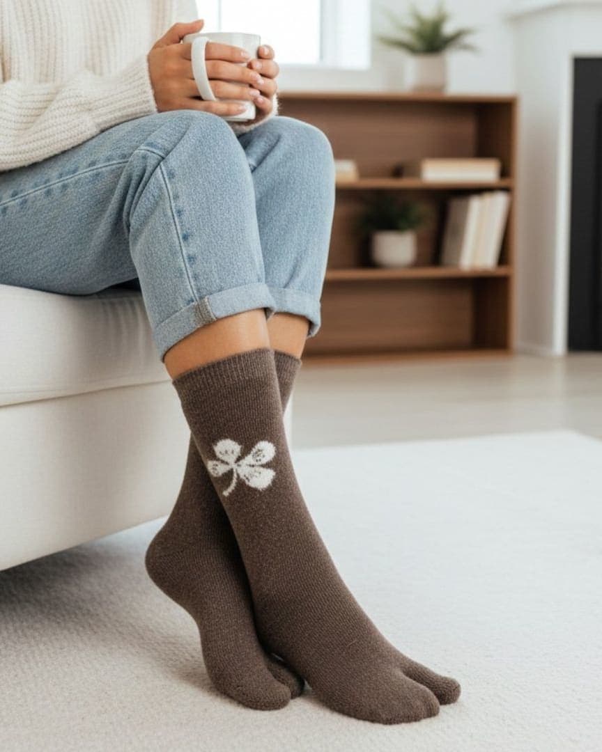 Coffee Brown Woolen Thumb-Toe Socks with Floral Motif | Crew Length hover