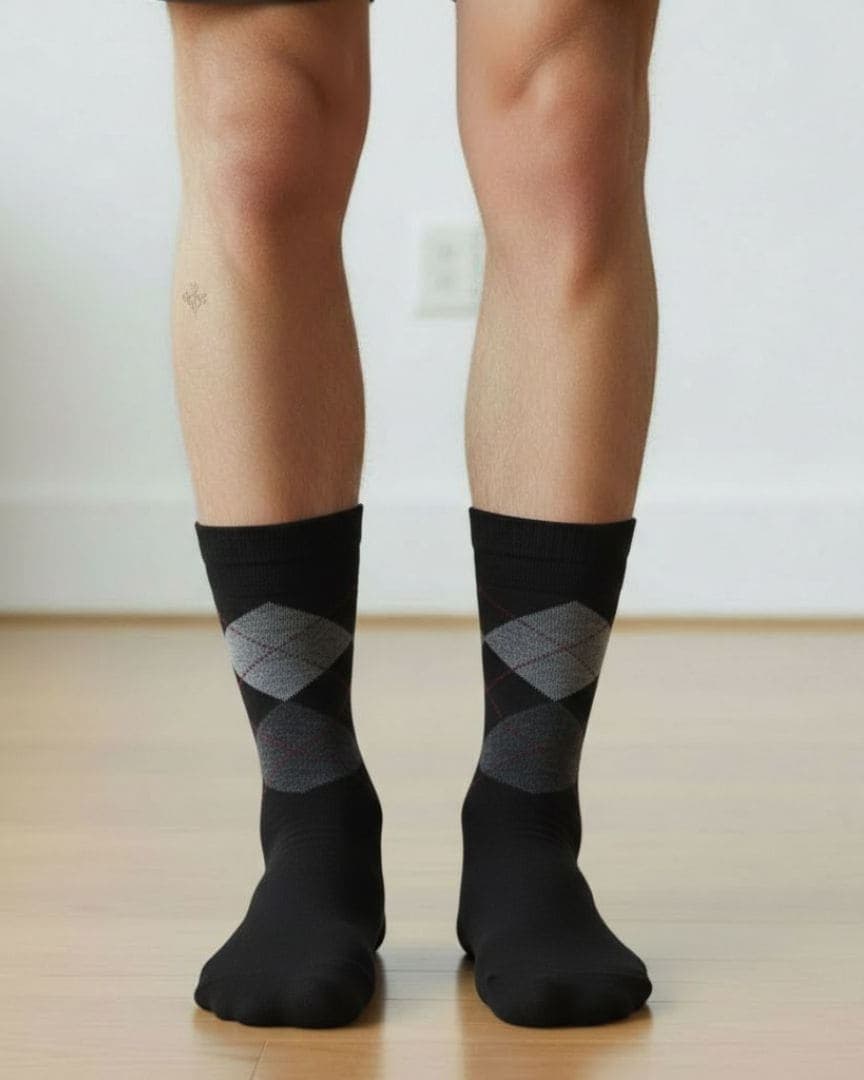 Black Woolen Winter Socks with Grey Argyle Pattern | Crew Length