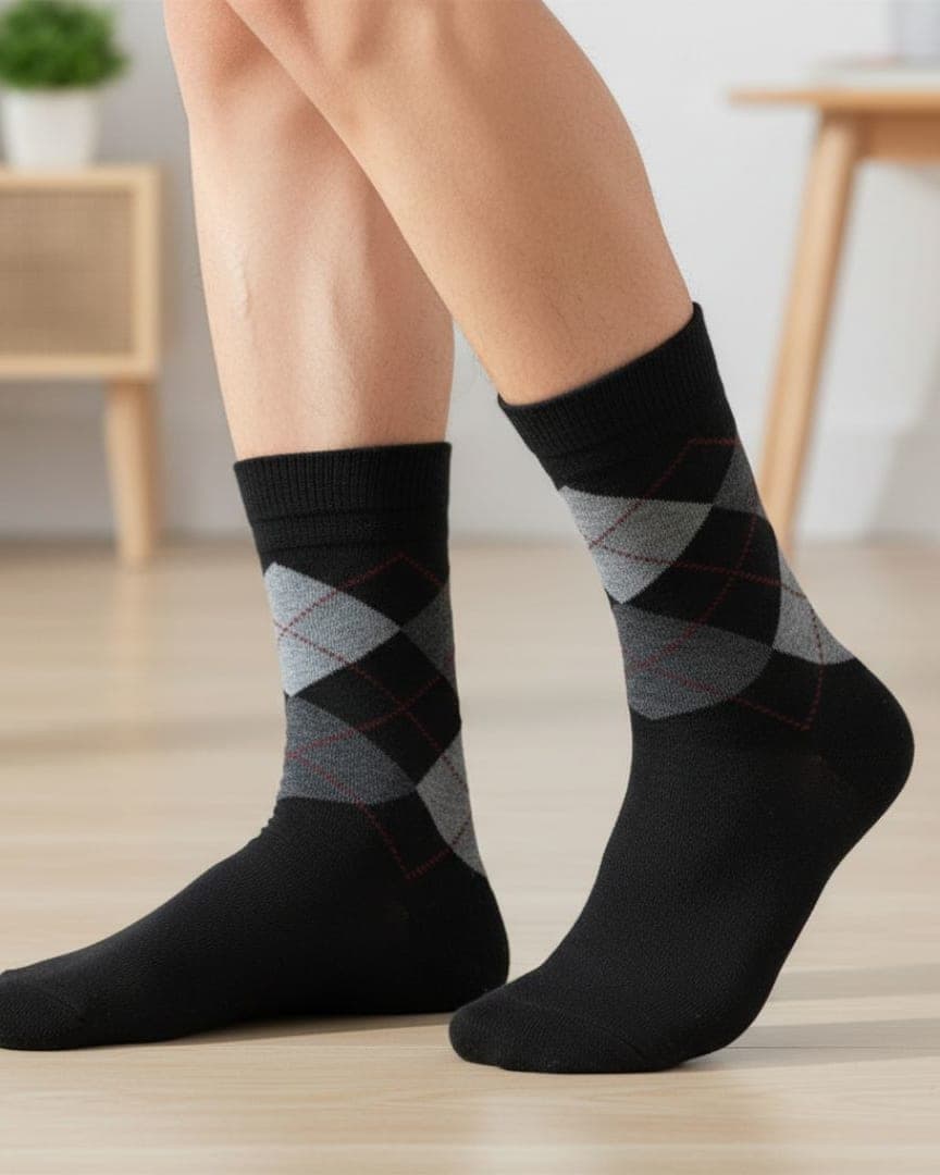 Black Woolen Winter Socks with Grey Argyle Pattern | Crew Length hover