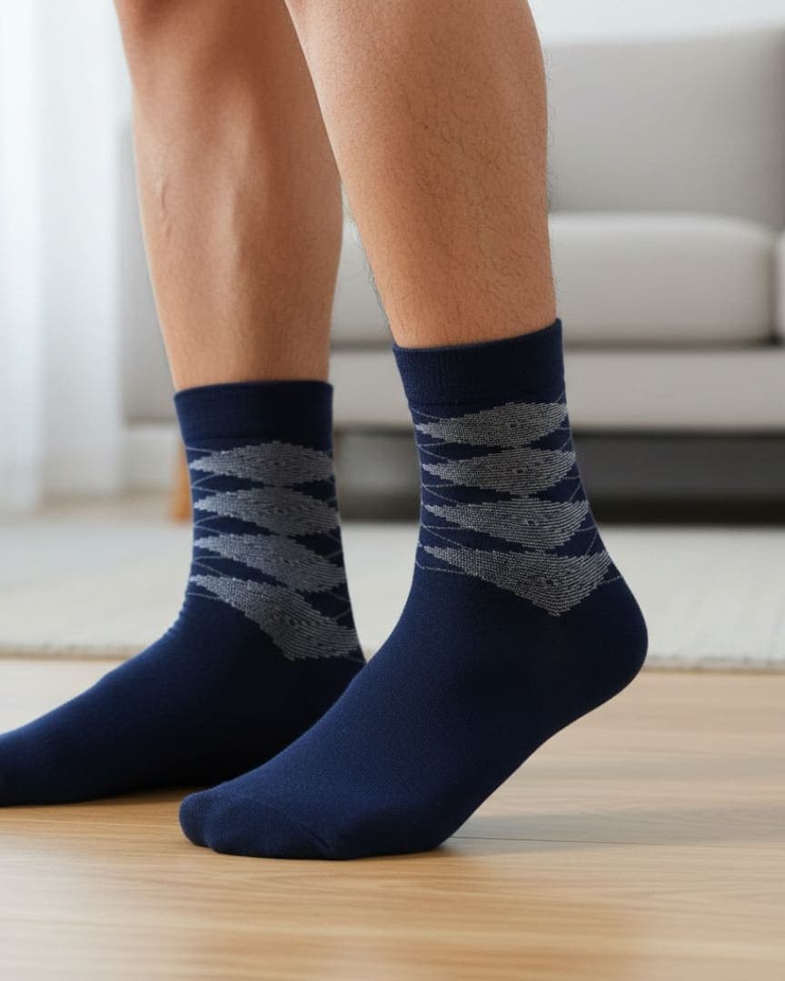 Navy Blue Cotton Ankle-Length Socks with Textured Pattern | Casual Wear