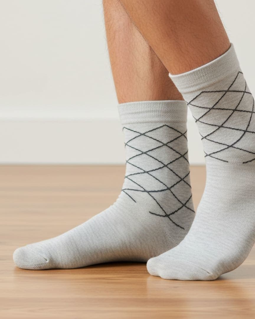 Light Grey Cotton Ankle-Length Socks with Minimal Line Pattern hover