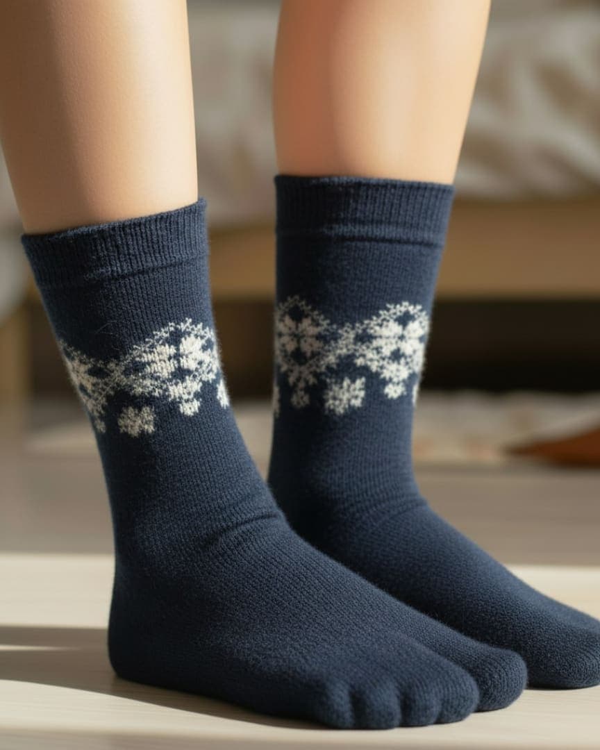 Navy Blue Woolen Thumb-Toe Socks with Snowflake Pattern | Crew Length Soft Knit Socks
