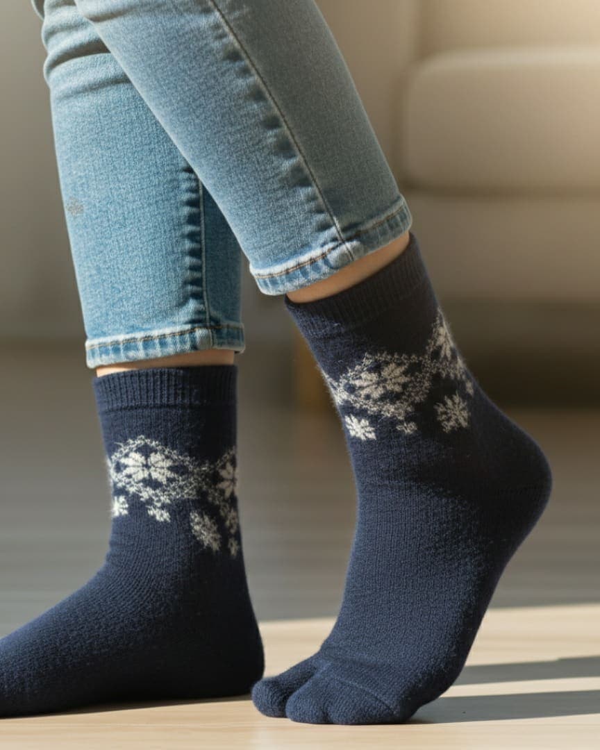 Navy Blue Woolen Thumb-Toe Socks with Snowflake Pattern | Crew Length Soft Knit Socks hover