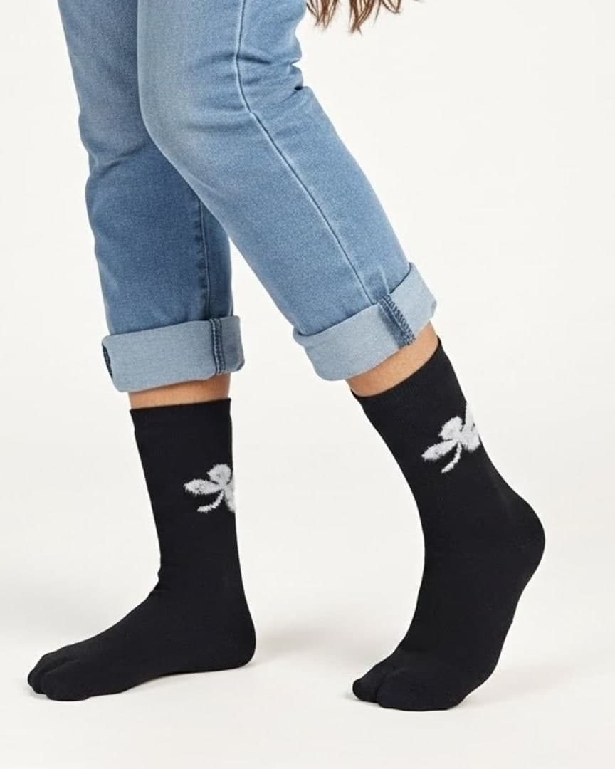 Black Woolen Thumb-Toe Socks with White Butterfly Motif | Crew Length
