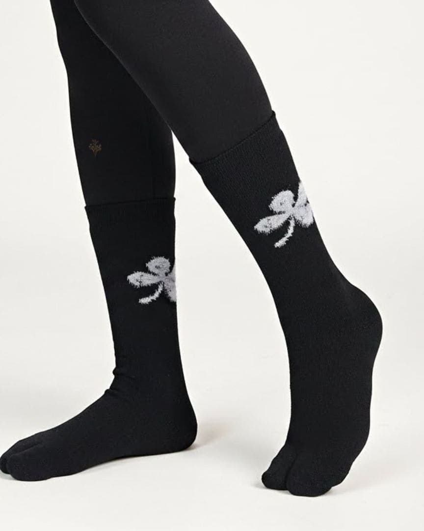 Black Woolen Thumb-Toe Socks with White Butterfly Motif | Crew Length hover