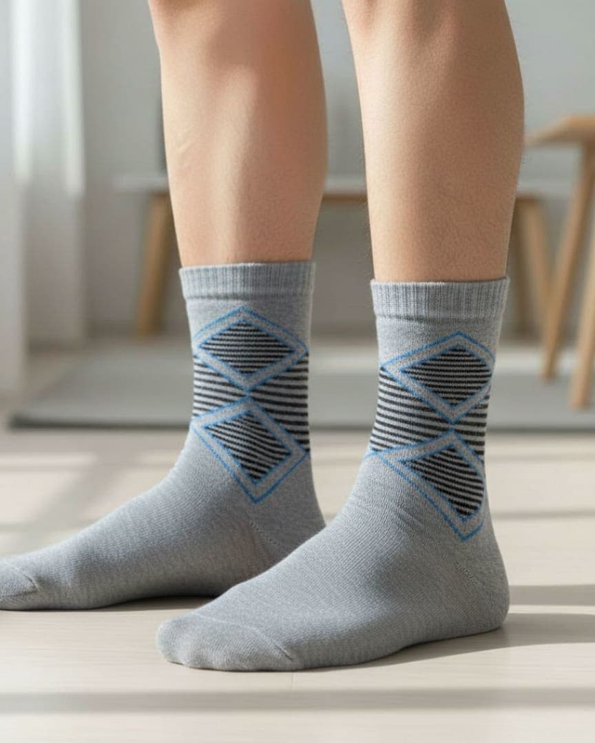 Grey Woolen Winter Socks with Geometric Pattern | Crew Length