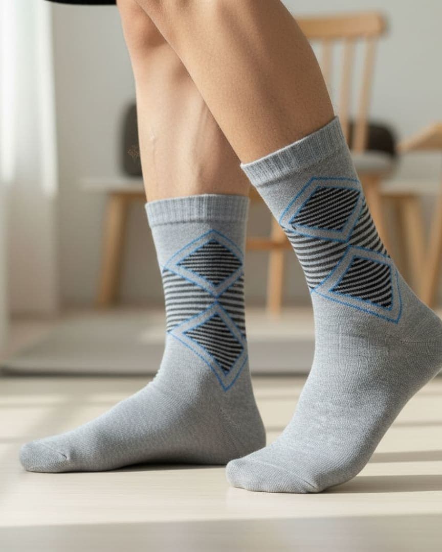 Grey Woolen Winter Socks with Geometric Pattern | Crew Length hover