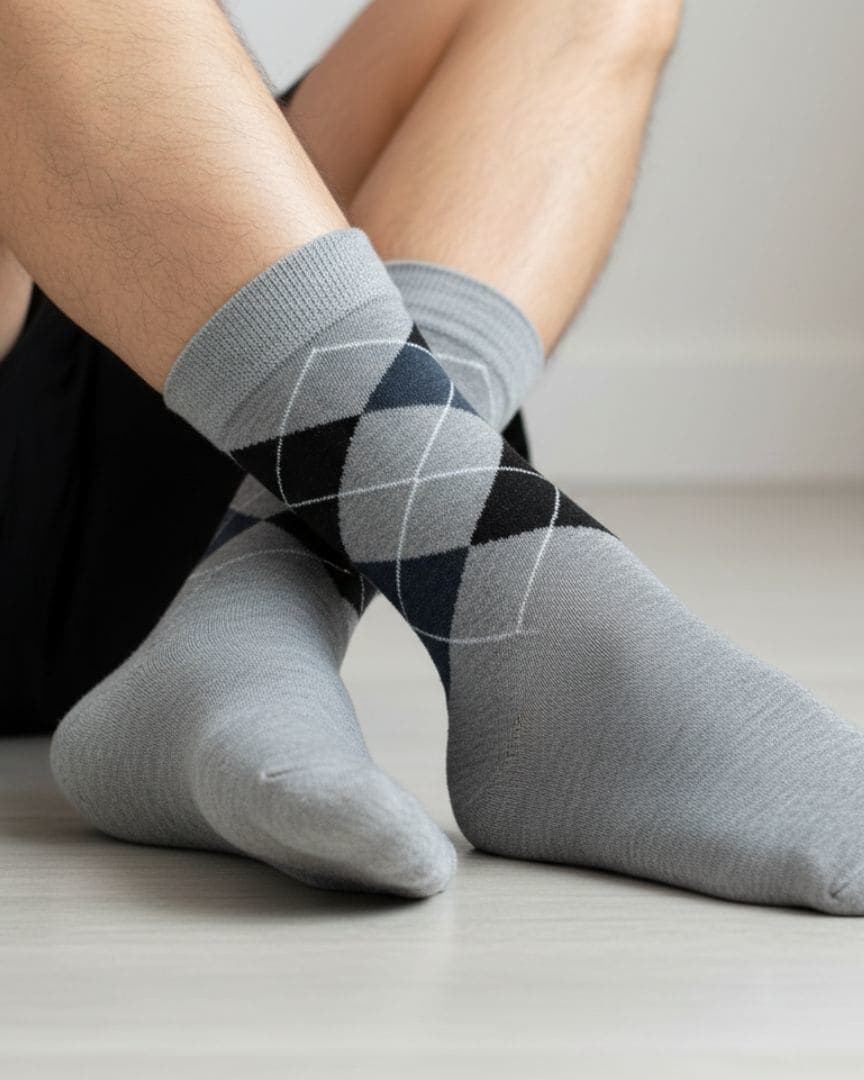 Grey Cotton Ankle-Length Socks with Argyle Pattern | Casual Wear hover