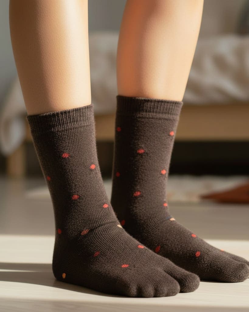 Brown Woolen Thumb Toe Socks with Polka Dot Pattern | Crew-Length Soft Knit Socks