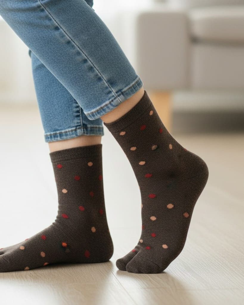Brown Woolen Thumb Toe Socks with Polka Dot Pattern | Crew-Length Soft Knit Socks hover