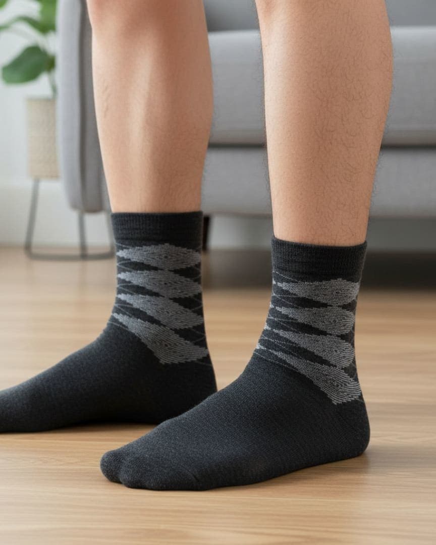 Dark Grey Cotton Ankle-Length Socks with Pattern | Casual Wear
