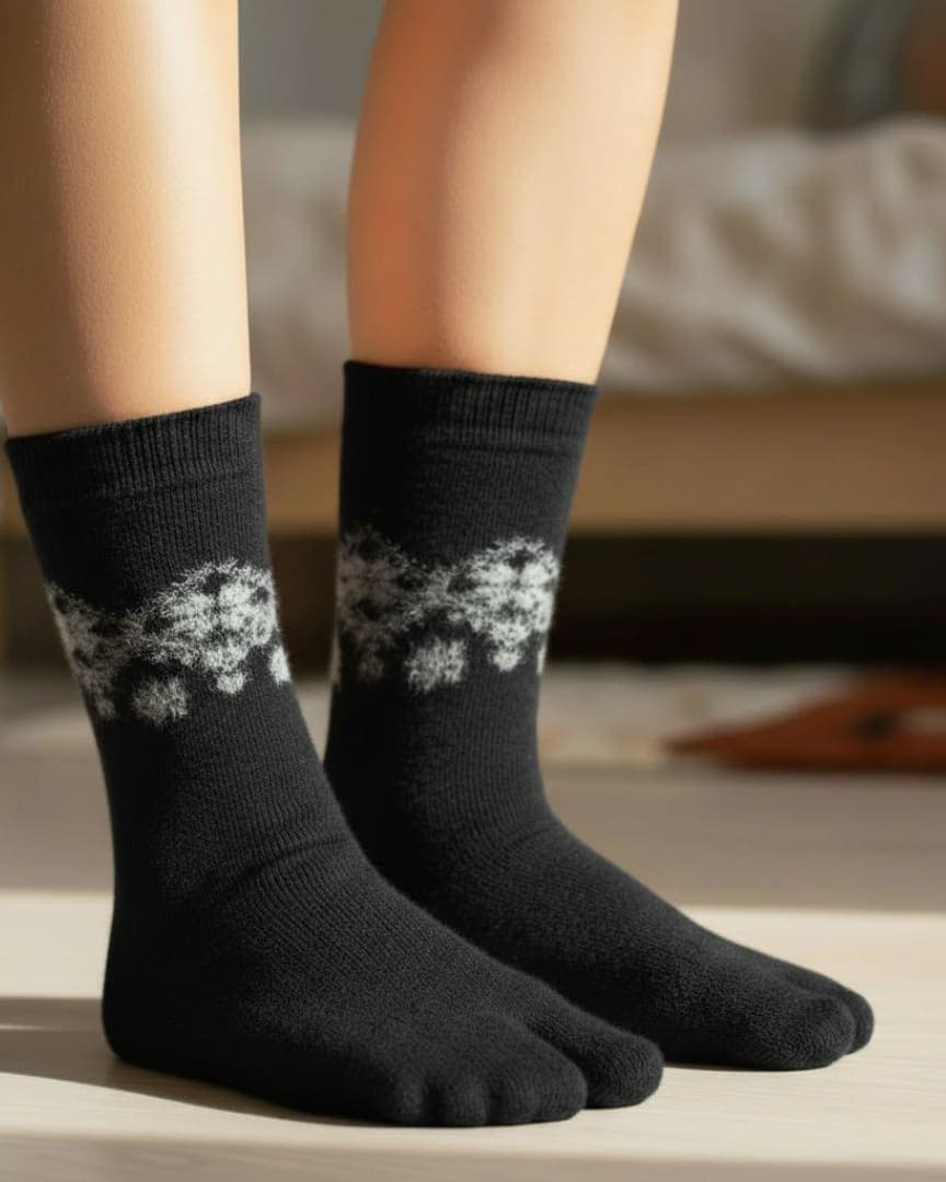 Black Woolen Thumb-Toe Socks with Snowflake Pattern | Crew Length Soft Knit Socks