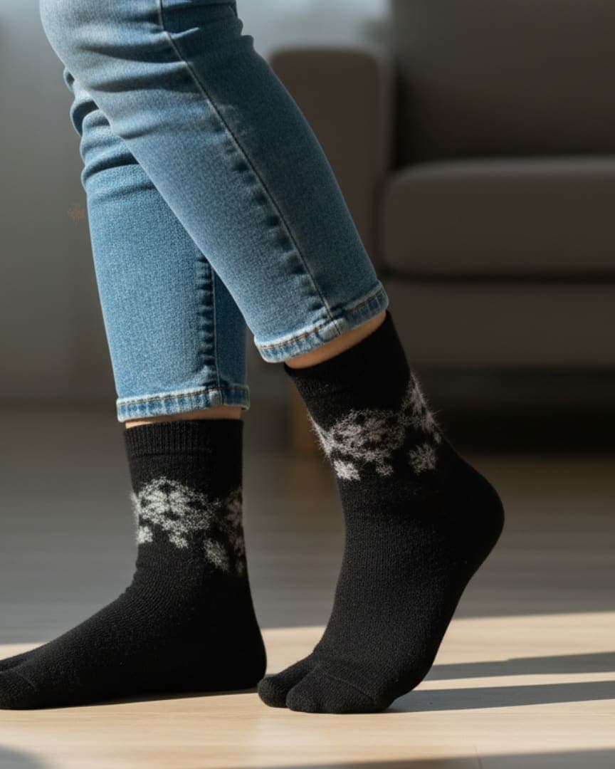 Black Woolen Thumb-Toe Socks with Snowflake Pattern | Crew Length Soft Knit Socks hover