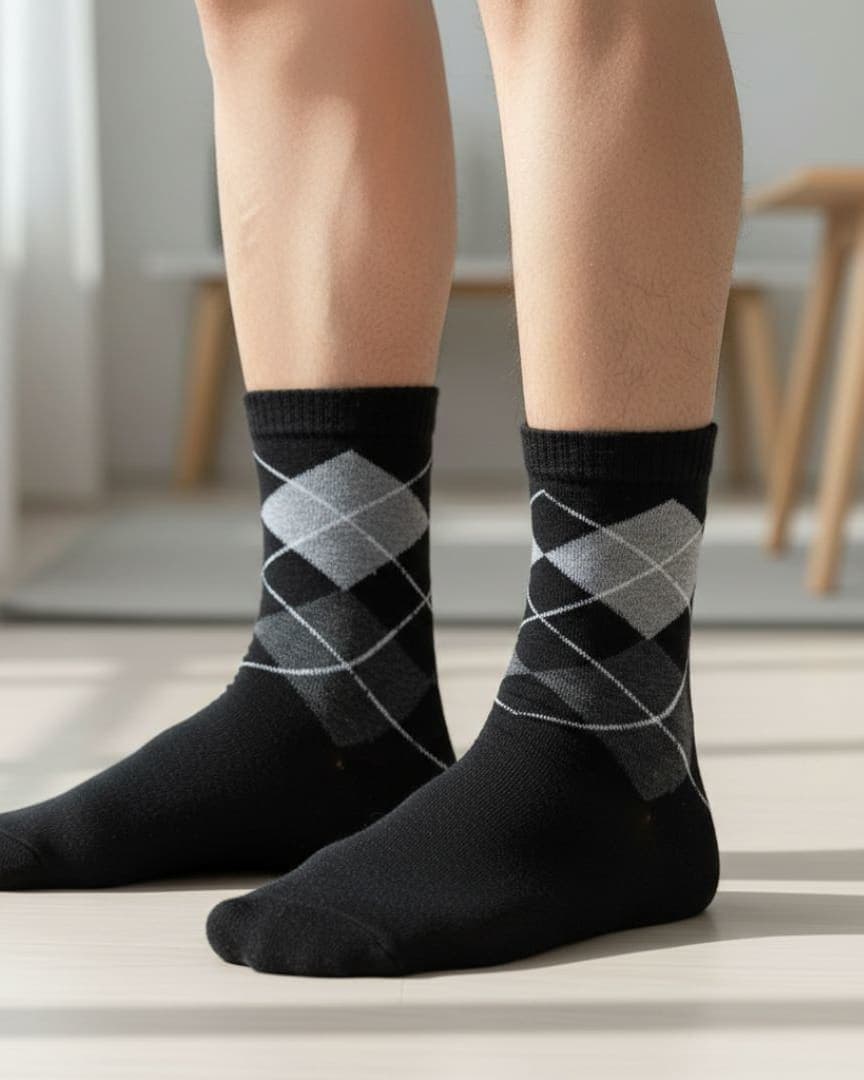 Black Woolen Winter Socks with Diamond Pattern | Crew Length