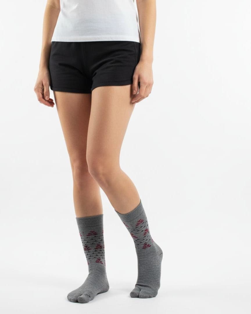 Grey Woolen Thumb-Toe Socks with Maroon Leaf Motif | Crew Length Soft Knit hover