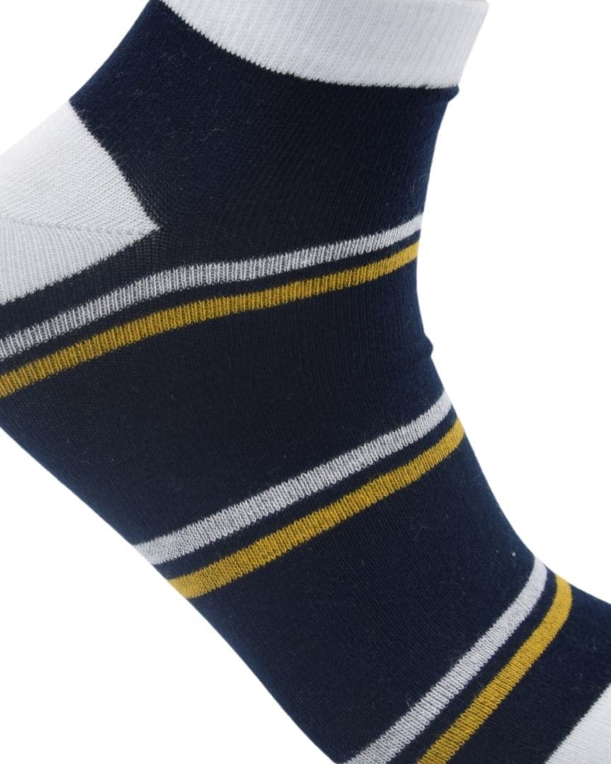 Men’s Ankle-Length Striped Socks – Navy Blue with White & Yellow Accents